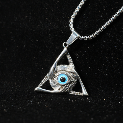 Halskette mit Dreiecksanhänger „Allsehendes Auge“ | Mystischer Amulettschmuck mit blauem Edelstein | Gotischer okkulter Unisex-Schutzanhänger