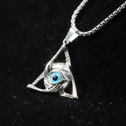 Halskette mit Dreiecksanhänger „Allsehendes Auge“ | Mystischer Amulettschmuck mit blauem Edelstein | Gotischer okkulter Unisex-Schutzanhänger