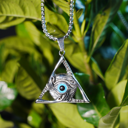 Halskette mit Dreiecksanhänger „Allsehendes Auge“ | Mystischer Amulettschmuck mit blauem Edelstein | Gotischer okkulter Unisex-Schutzanhänger