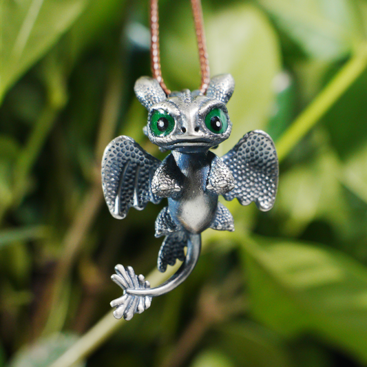 Cute Dragon Pendant Necklace – Fantasy Animal Jewelry, Green-Eyed Baby Dragon Charm, Handmade Gothic Style Gift for All Ages