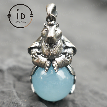 Capybara Pendant Necklace | Zen Animal Totem Jewelry with Aquamarine Stone | Symbol of Inner Peace & Meditation Gift