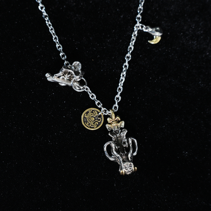 Mythic Beast Skull Pendant Necklace with Dragon Crest Medallion | Gothic Totem Jewelry for Fantasy Lovers