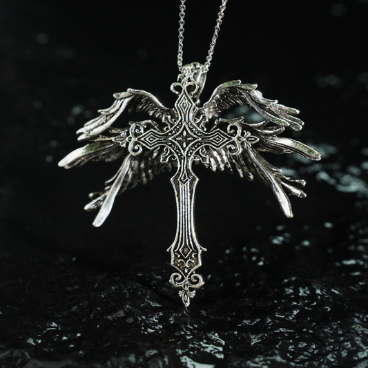Gothic Cross Necklace with Wings, Angelic Amulet Pendant, Vintage Religious Jewelry, Statement Fantasy Necklace
