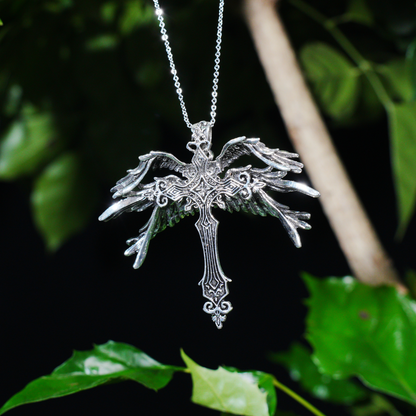 Gothic Kreuz Halskette mit Flügeln, Engel Amulett Anhänger, Vintage Religiöser Schmuck, Statement Fantasy Halskette
