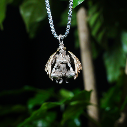 Gothic Winged Goddess Pendant Necklace – Dark Angel Totem Jewelry – Dual-Tone Artistic Sculpted Pendant – Symbol of Feminine Power