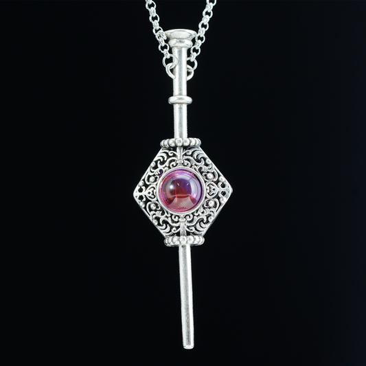 Vintage Gothic Wand Pendant Necklace, Purple Red Gem Amulet Design, Ornamental Carved Drop, Artisan Statement Jewelry