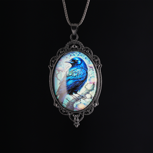 Mystic Raven Pendant Necklace | Gothic Vintage Frame with Blue-Black Illustration | Fantasy Totem Jewelry for Protection & Wisdom