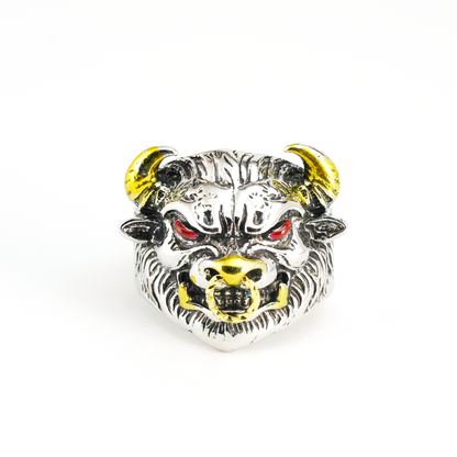 Furious Bull Totem Ring | Black-Silver Design with Red Eyes & Golden Horns | Gothic Protective Jewelry | Bold Statement Accessory