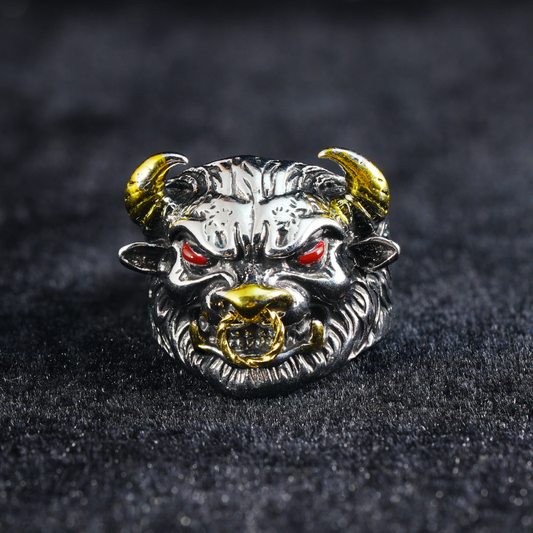 Furious Bull Totem Ring | Black-Silver Design with Red Eyes & Golden Horns | Gothic Protective Jewelry | Bold Statement Accessory