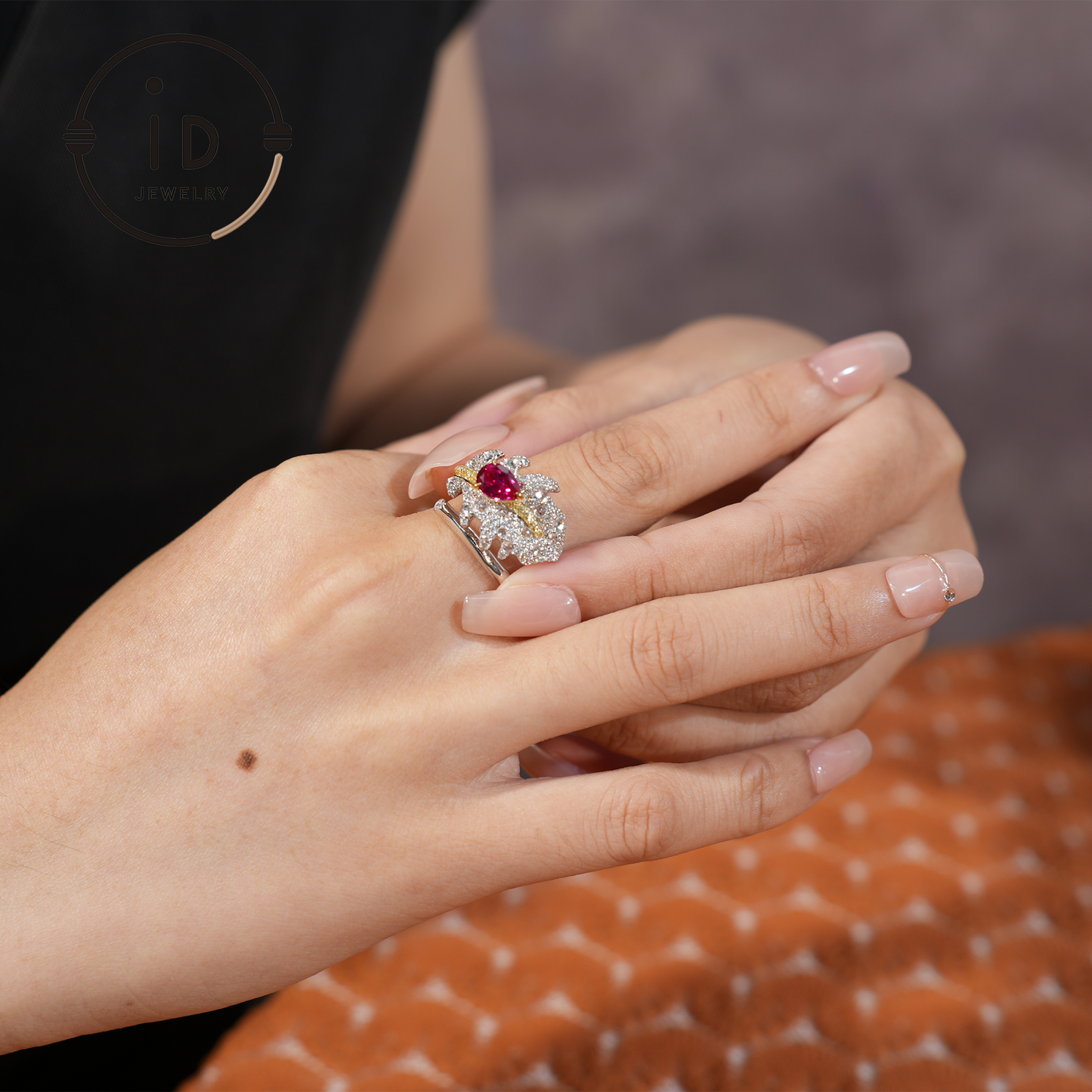 Feather Ruby Ring in Sterling Silver with 18k Gold Plating, Nature-Inspired Jewelry for Women, Elegant Gift Idea