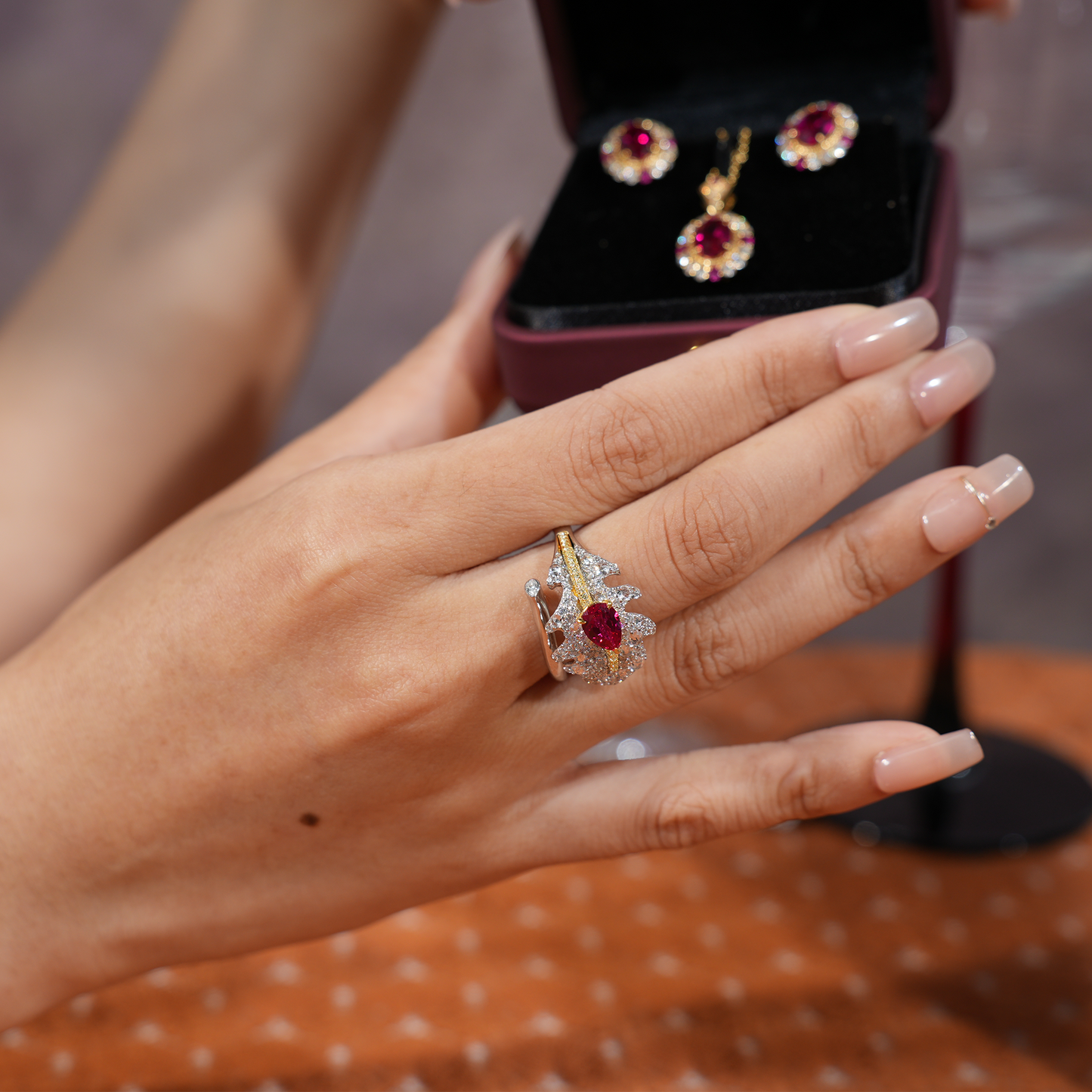 Feather Ruby Ring in Sterling Silver with 18k Gold Plating, Nature-Inspired Jewelry for Women, Elegant Gift Idea