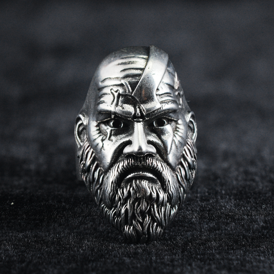 Warlord Carved Ring | Gothic Broken Face Design | High-Polish Metal Texture | Battle Scars & Beard Detail | Bold Men’s Totem Ring