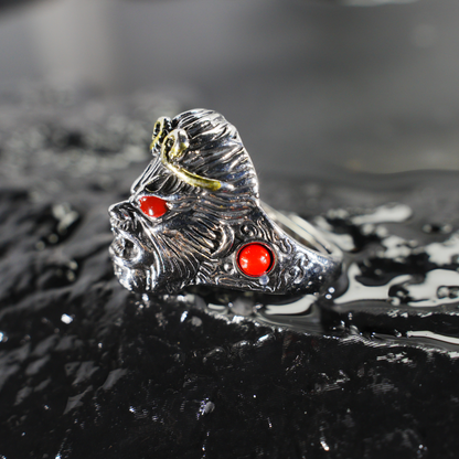 Mythic Monkey King Ring | Sculpted Warrior Totem Design | Red Stone Eye Accent | Eastern Spirit Amulet | Cosplay Gift Pick
