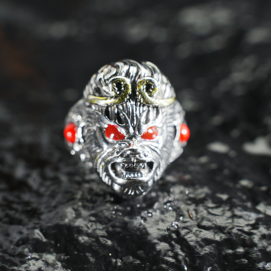 Mythic Monkey King Ring | Sculpted Warrior Totem Design | Red Stone Eye Accent | Eastern Spirit Amulet | Cosplay Gift Pick