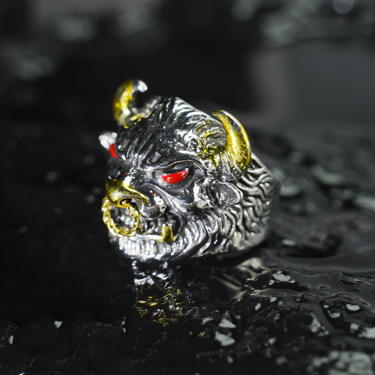 Furious Bull Totem Ring | Black-Silver Design with Red Eyes & Golden Horns | Gothic Protective Jewelry | Bold Statement Accessory
