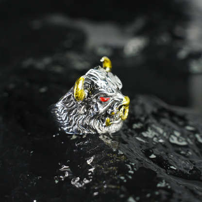 Furious Bull Totem Ring | Black-Silver Design with Red Eyes & Golden Horns | Gothic Protective Jewelry | Bold Statement Accessory