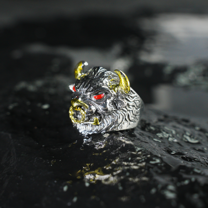 Furious Bull Totem Ring | Black-Silver Design with Red Eyes & Golden Horns | Gothic Protective Jewelry | Bold Statement Accessory