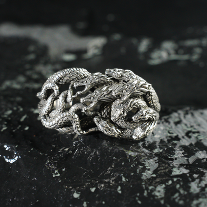 Mythic Hydra Dragon Ring, Gothic Statement Ring for Men, Heavyweight Carved Ring, Multi-Dragon Totem Jewelry