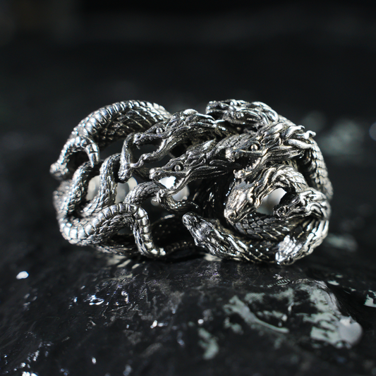 Mythic Hydra Dragon Ring, Gothic Statement Ring for Men, Heavyweight Carved Ring, Multi-Dragon Totem Jewelry