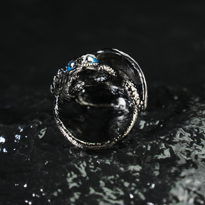 Fantasy Dragon Ring | Night Blue Eye Accent | Trendy Statement Jewelry | Protective Totem Gift for Couples