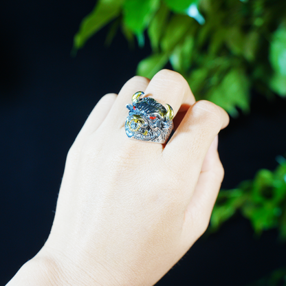 Furious Bull Totem Ring | Black-Silver Design with Red Eyes & Golden Horns | Gothic Protective Jewelry | Bold Statement Accessory