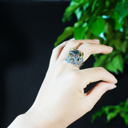 Furious Bull Totem Ring | Black-Silver Design with Red Eyes & Golden Horns | Gothic Protective Jewelry | Bold Statement Accessory