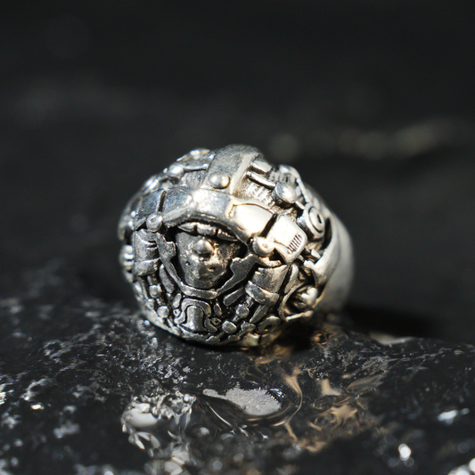 Cyber Warrior Helmet Ring, Mech Head Armor Ring for Men, Cyberpunk Sci-Fi Jewelry