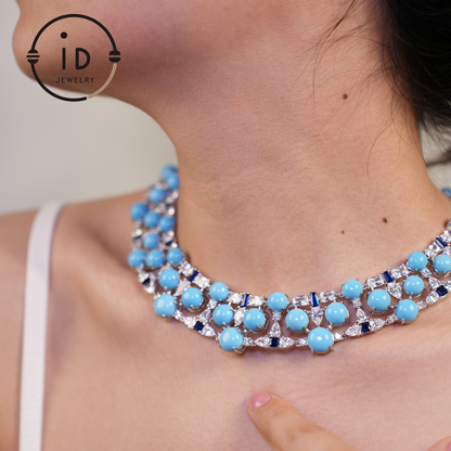 Elegant Turquoise Necklace with Zircon and Lab-Created Blue Gems – Perfect Gift for Women