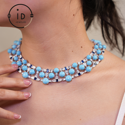 Elegant Turquoise Necklace with Zircon and Lab-Created Blue Gems – Perfect Gift for Women