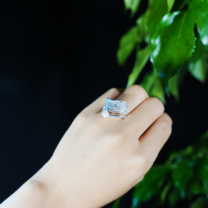 Silver Pearl Ring, Minimalist Hammered Texture Statement Band, Sculptural Modern Jewelry for Everyday Elegance