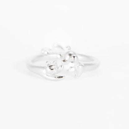 Kissing Cat & Dog Ring, Silver Minimalist Open Band, Cute Animal Couple Ring