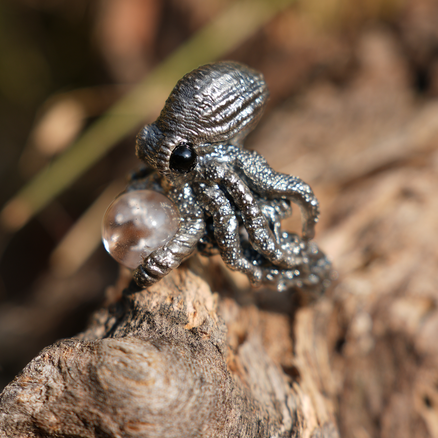 925 Sterling Silver Octopus Ring with Phantom Quartz | Handmade Ocean-Inspired Jewelry | Fantasy Statement Ring Gift