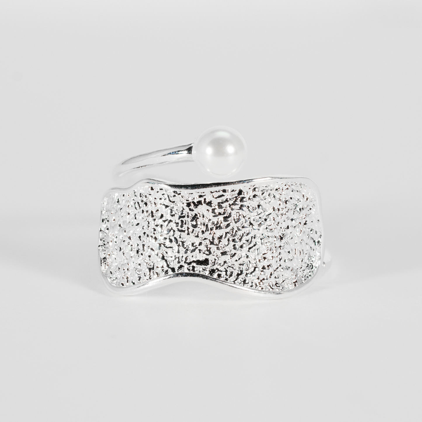 Silver Pearl Ring, Minimalist Hammered Texture Statement Band, Sculptural Modern Jewelry for Everyday Elegance