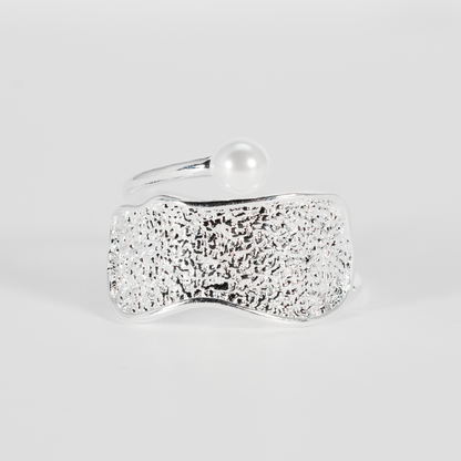 Silver Pearl Ring, Minimalist Hammered Texture Statement Band, Sculptural Modern Jewelry for Everyday Elegance