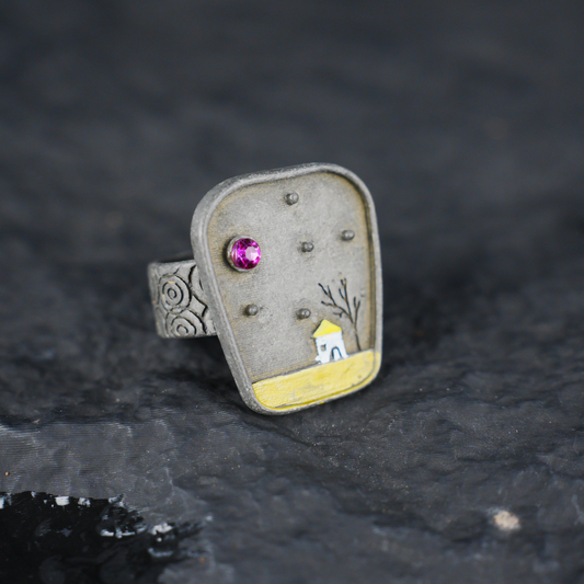 Night Cottage Scene Ring, Hand-Painted Landscape Jewelry, Artistic Statement Ring, Minimalist Healing Design