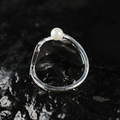 Silver Pearl Ring, Minimalist Hammered Texture Statement Band, Sculptural Modern Jewelry for Everyday Elegance