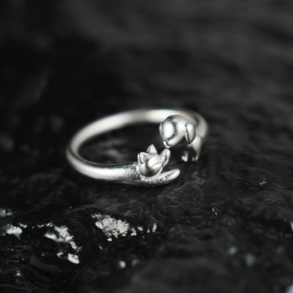 Kissing Cat & Dog Ring, Silver Minimalist Open Band, Cute Animal Couple Ring