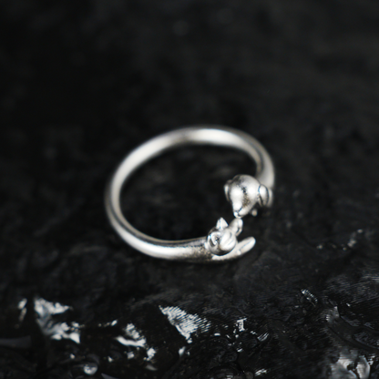 Kissing Cat & Dog Ring, Silver Minimalist Open Band, Cute Animal Couple Ring