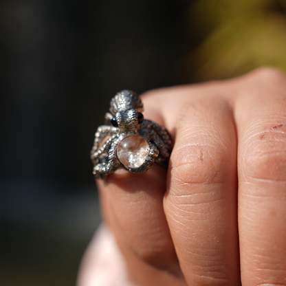925 Sterling Silver Octopus Ring with Phantom Quartz | Handmade Ocean-Inspired Jewelry | Fantasy Statement Ring Gift