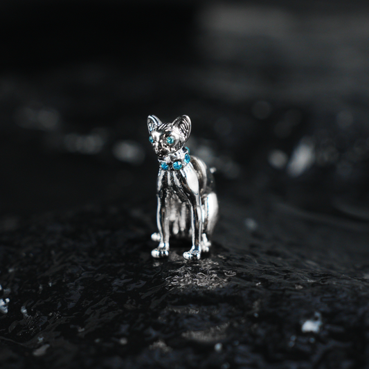 Mystical Cat Stud Earring | Blue Crystal Eyes & Collar | Gothic Cat Jewelry | Unisex Statement Animal Earring | Feline Totem Accessory