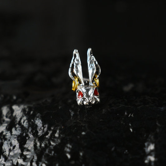 Gothic Bunny Stud Earring, Rabbit Head Ear Pin with Red Eyes and Gold Hoop Details, Punk Totem Jewelry for Men and Women