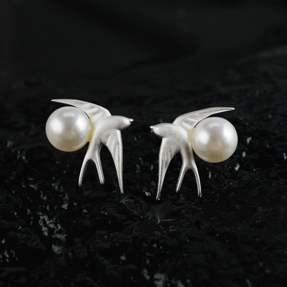 Swallow Pearl Earrings, Minimalist Bird Studs for Everyday Wear, Gift of Hope and Return
