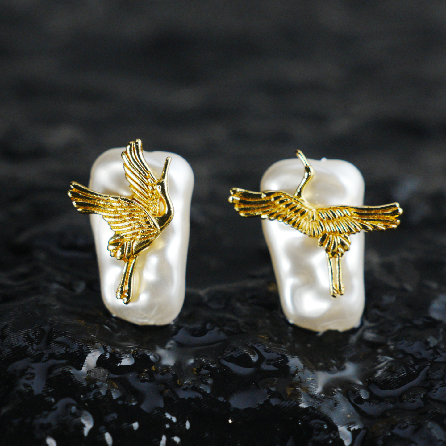 Elegant Crane Earrings with Baroque Pearls | Gold Bird Design | Asian-Inspired Lightweight Statement Jewelry