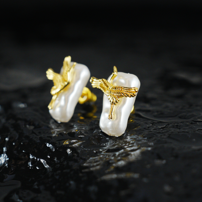 Elegant Crane Earrings with Baroque Pearls | Gold Bird Design | Asian-Inspired Lightweight Statement Jewelry