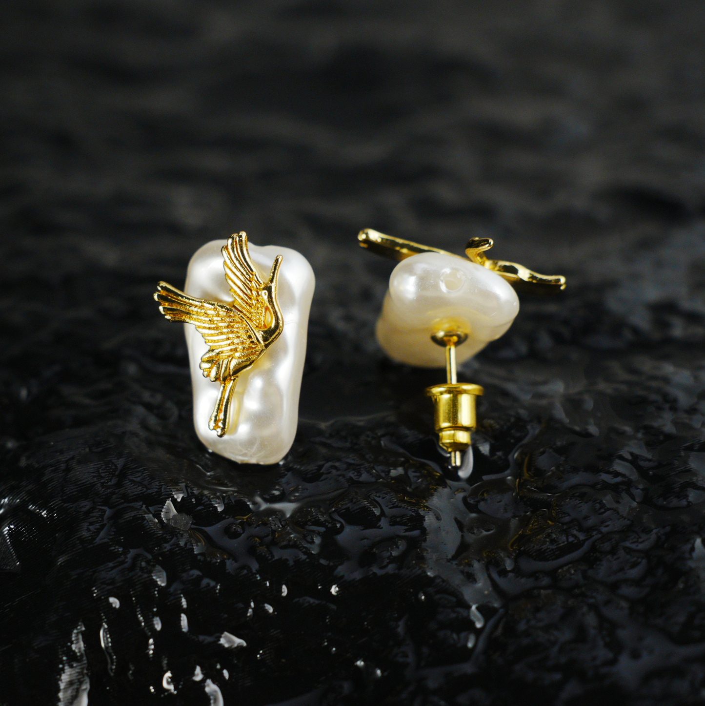 Elegant Crane Earrings with Baroque Pearls | Gold Bird Design | Asian-Inspired Lightweight Statement Jewelry