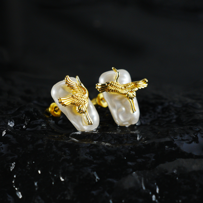 Elegant Crane Earrings with Baroque Pearls | Gold Bird Design | Asian-Inspired Lightweight Statement Jewelry