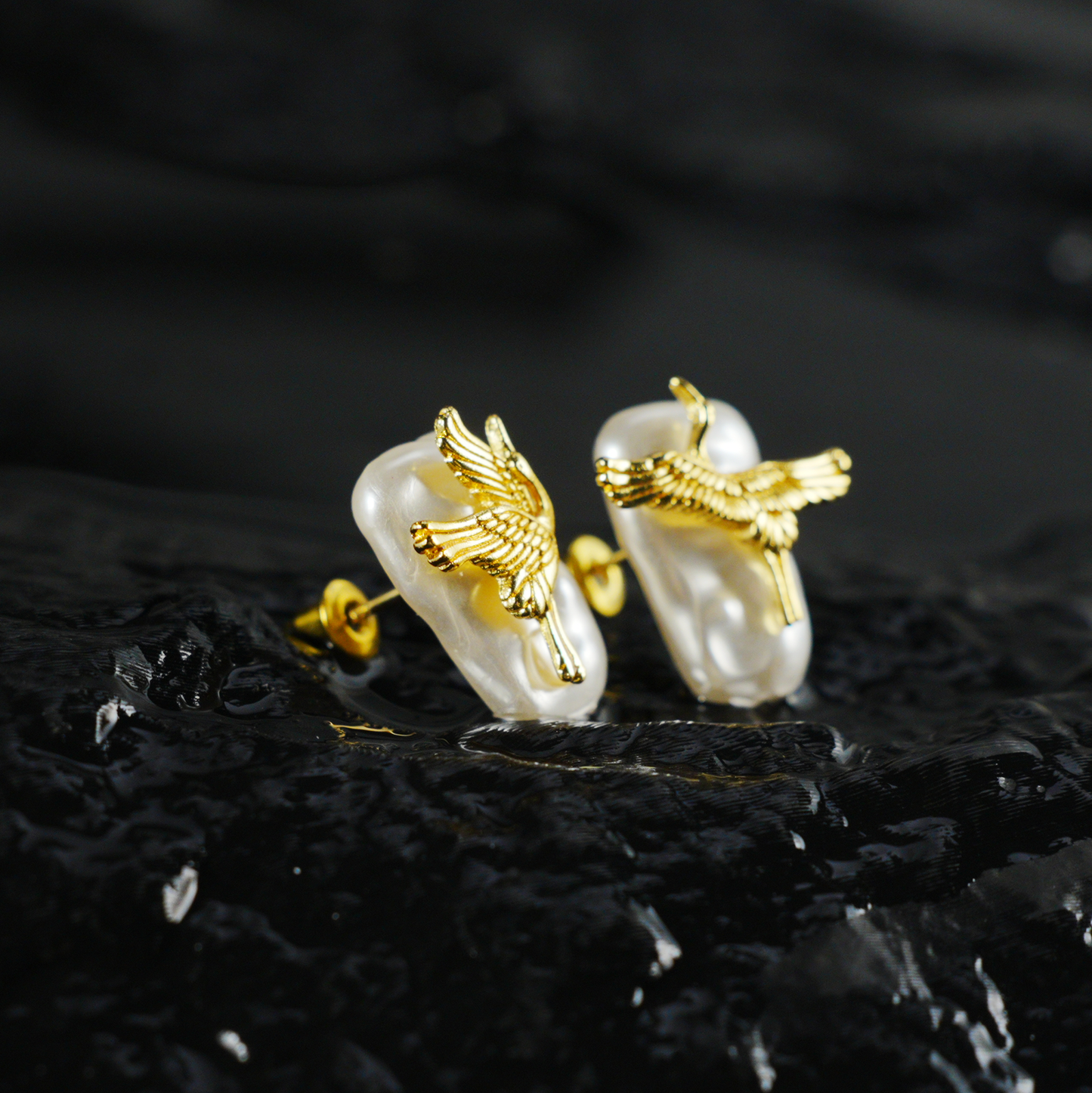 Elegant Crane Earrings with Baroque Pearls | Gold Bird Design | Asian-Inspired Lightweight Statement Jewelry