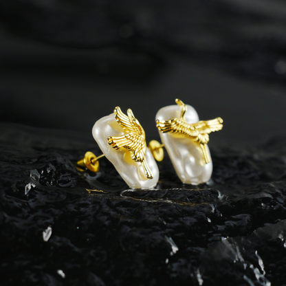 Elegant Crane Earrings with Baroque Pearls | Gold Bird Design | Asian-Inspired Lightweight Statement Jewelry