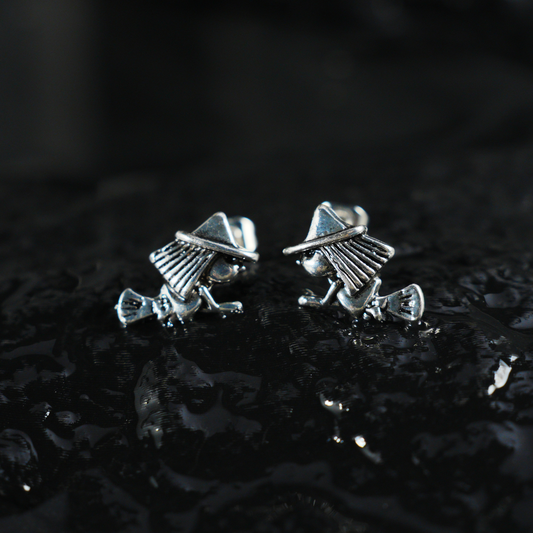 Witch on Broom Earrings, Handcrafted Fantasy Studs, Gothic Witch Jewelry for Halloween or Everyday Magic