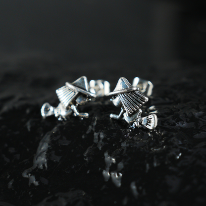 Witch on Broom Earrings, Handcrafted Fantasy Studs, Gothic Witch Jewelry for Halloween or Everyday Magic